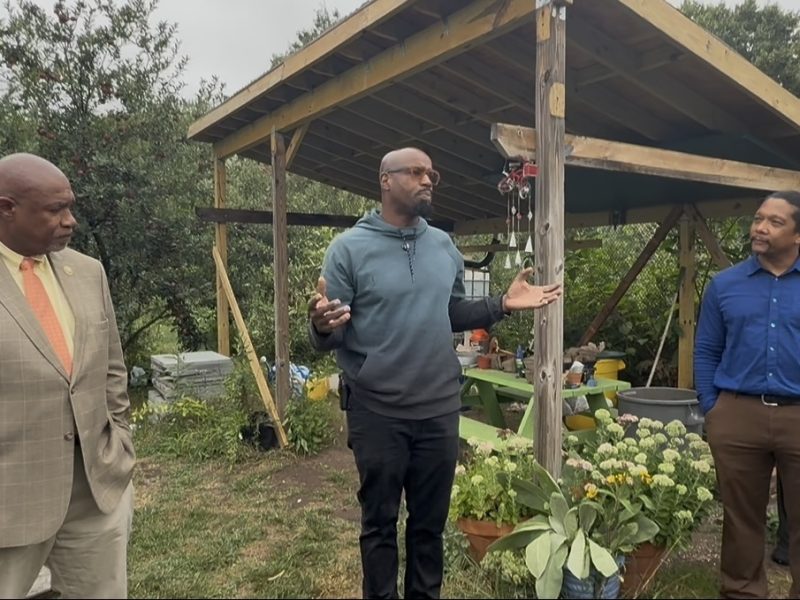 Three men stand in front of a community garden