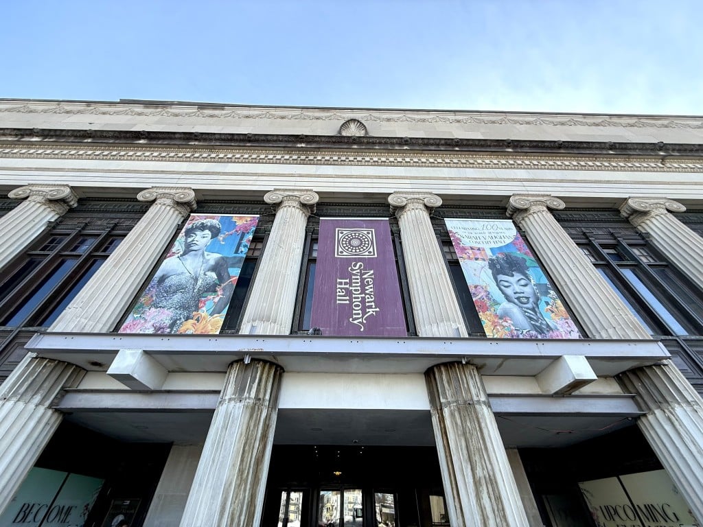 exterior of Newark symphony hall, a building with columns