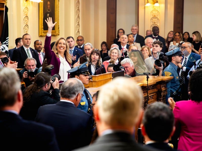 Mikie Sherrill waves in a crowd