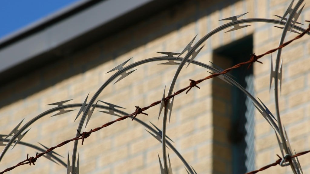 Close-up shot of barbed wire in front of brick building