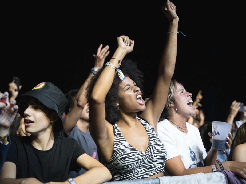 Diverse group of young people enjoying a live concert, expressing excitement and enthusiasm.